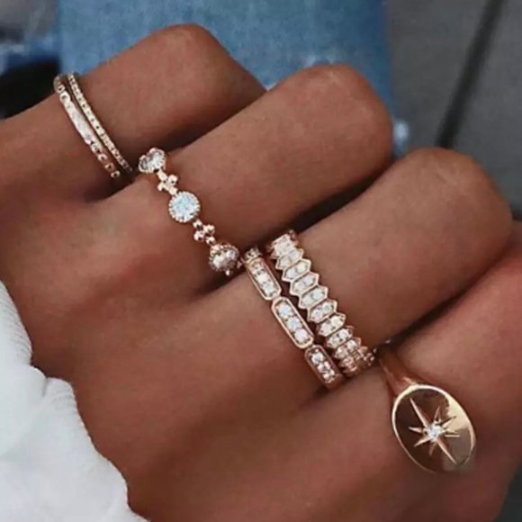Trending bohemian crystal gold star gem ring set